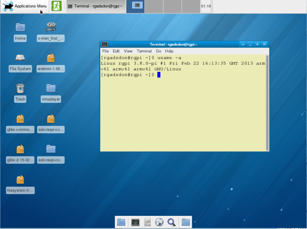 Raspberry Pi VNC window, running kernel 3.8.0..